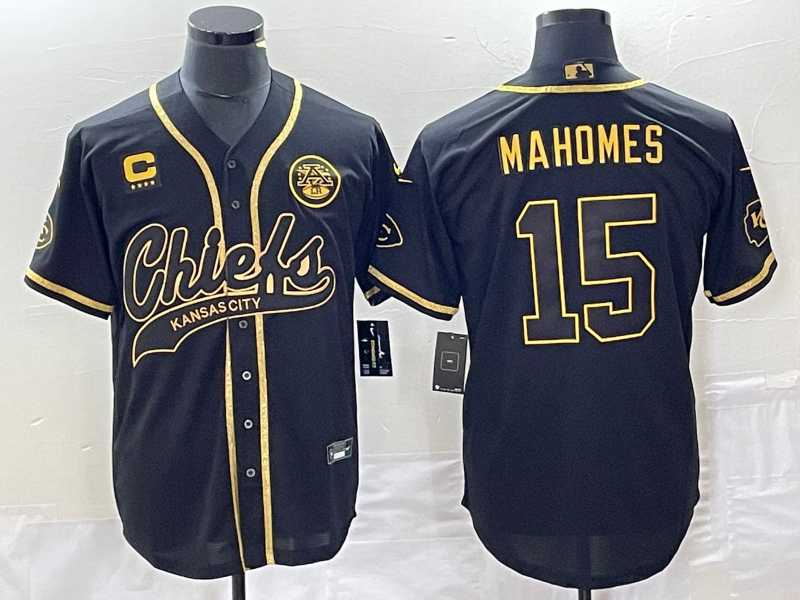 Mens Kansas City Chiefs #15 Patrick Mahomes Black Gold C Patch Cool Base Stitched Baseball Jersey